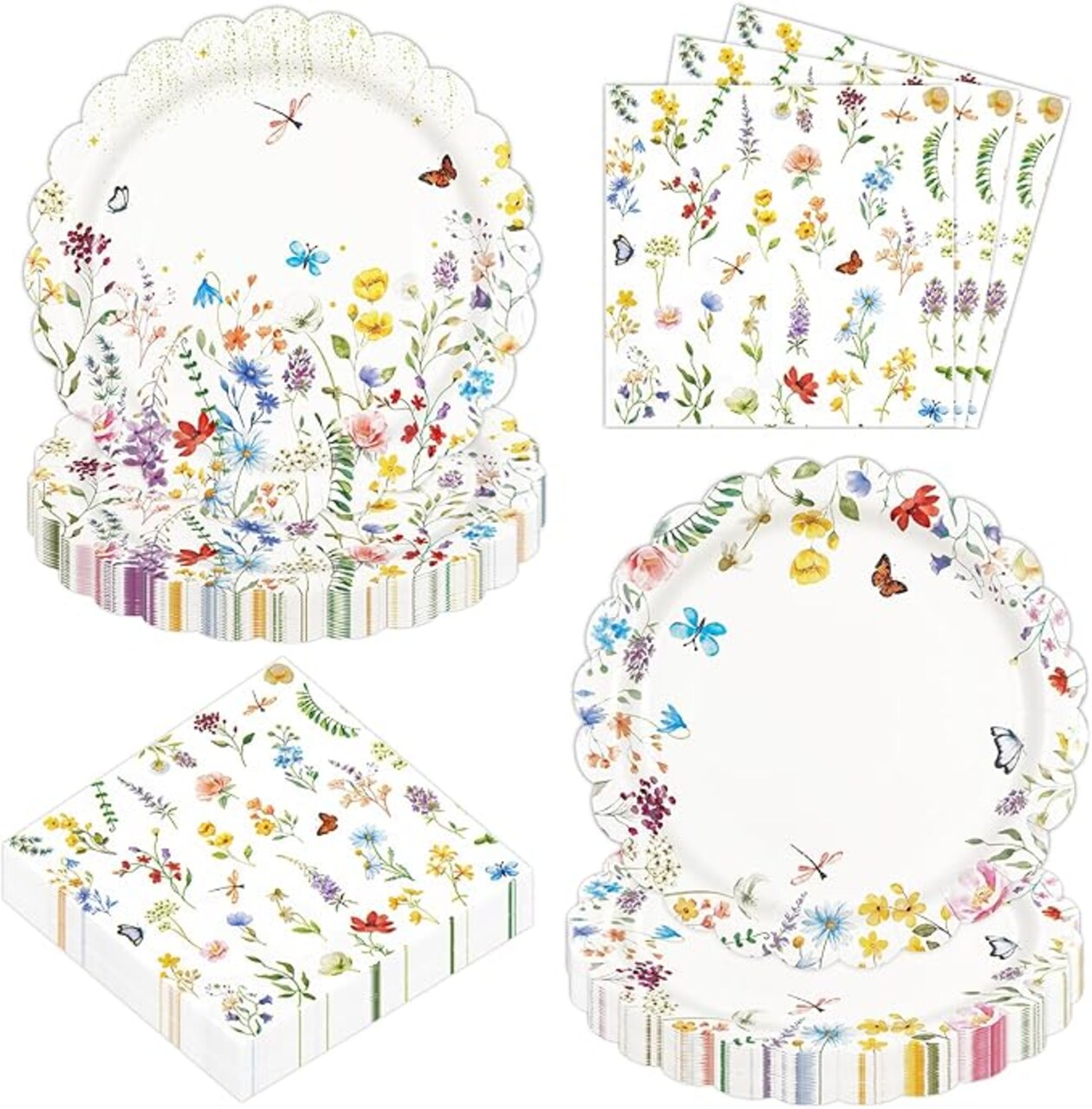 75PCS Wildflower Plates and Napkins Party Supplies,Disposable Scalloped Spring Floral Baby Shower Paper Plates Napkins Tableware Set for Birthday Wedding Tea Garden Party Decor Serves 25